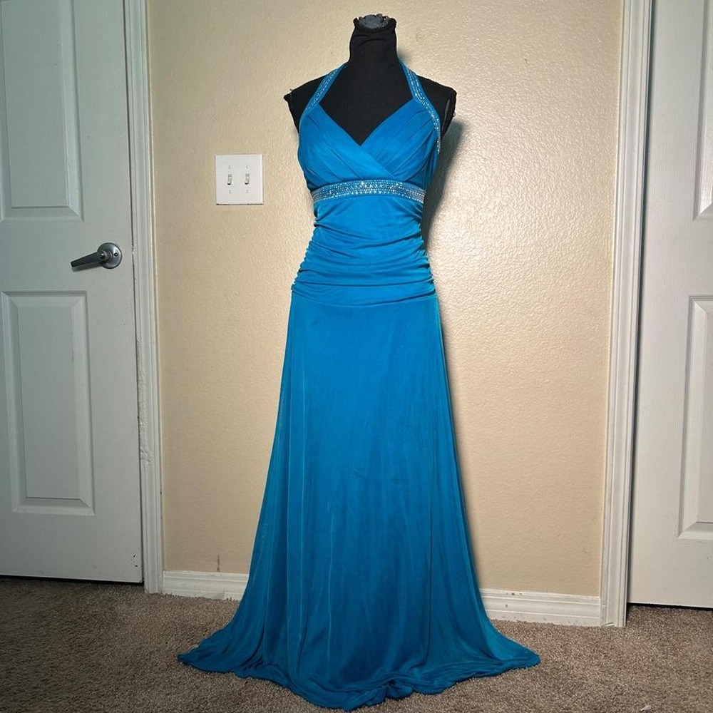 Trixxi 2000s Rhinestone Ruched Halter Y2K Dress Gown Blue Large